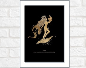 Vergine / Zodiaco / Astrologia / Stampa digitale / Poster / Arte illustrata / Stampa murale / Nero e oro