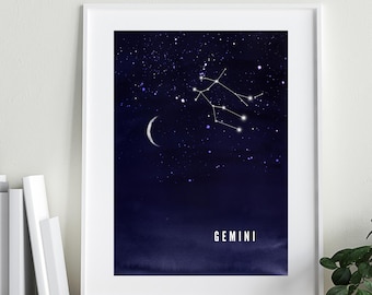 Zodiaco Gemelli / Astrologia / Costellazione / Stampa digitale / Poster / Arte acquerello / Stampa murale / Blu navy