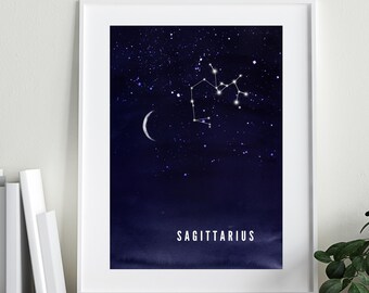 Zodiaco Sagittario / Costellazione / Astrologia / Stampa digitale / Cielo notturno Luna / Acquerello / Stampa murale / Blu navy