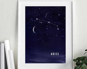 Ariete / Arte zodiacale / Costellazione / Astrologia / Stampa digitale / Poster / Acquerello / Cielo notturno / Luna / stelle / Stampa murale / Blu navy