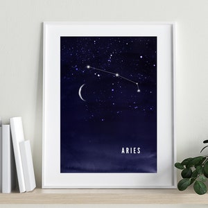 Aries | Zodiac Art  | Constellation |  Astrology | Digital Print |  Poster | Watercolour | Night Sky | Moon | stars | Wall Print | Navy Blue