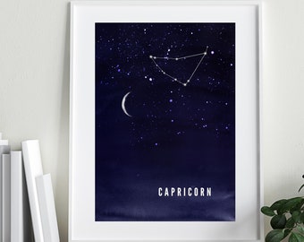 Capricorno / Zodiaco / Costellazione / Astrologia / Luna e stelle / Cielo notturno / Stampa digitale / Poster / Acquerello / Stampa murale / Blu navy