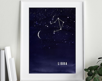 Bilancia / Zodiaco / Costellazione / Astrologia / Stampa digitale / Cielo notturno Luna / Arte acquerello / Stampa murale / Blu navy
