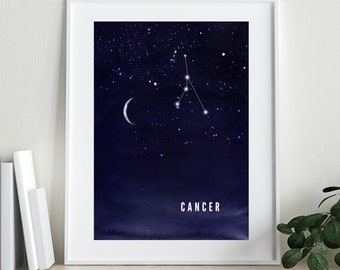 Cancer | Zodiac | Astrology | Constellation Art | Digital Print | Moon and Stars  | Watercolour Night Sky | Wall Print | Navy Blue