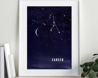 Cancro / Zodiaco / Astrologia / Arte delle costellazioni / Stampa digitale / Luna e stelle / Cielo notturno ad acquerello / Stampa murale / Blu navy