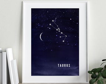 Taurus | Constellation | Zodiac Art | Astrology | Digital Print |  Watercolour  | Moon and Stars | Night Sky | Navy Blue