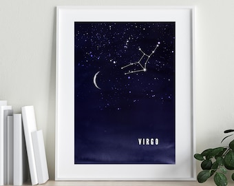 Vergine / Zodiaco / Arte della costellazione / Astrologia / Luna e stelle / Stampa digitale / Acquerello / Cielo notturno / Stampa murale / Blu navy