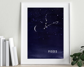 Pesci / Zodiaco / Astrologia / Costellazione / Luna e stelle / Cielo notturno / Stampa digitale / Poster / Acquerello / Stampa murale / Blu navy