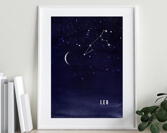 Leone/Arte della costellazione/Zodiaco/Astrologia/Stampa digitale/Acquerello/Cielo notturno/Luna/Arte illustrata/Stampa murale/Blu Navy