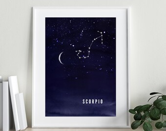 Scorpione / Costellazione / Astrologia / Arte zodiacale / Acquerello / Stampa artistica digitale / Poster / Arte / Stampa murale / Blu navy