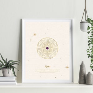 Op de afbeelding: Een witte ingelijste print met een gouden en paarse illustratie van de Ajna chakra, de zesde chakra, met de tekst "Ajna" en een beschrijving van de chakra hieronder.
