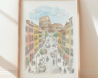 Pode incluir: Impressão em aquarela emoldurada de uma cena de rua em Roma, Itália, com o Coliseu ao fundo. A obra de arte está em uma moldura de madeira marrom clara. A rua é ladeada por edifícios coloridos e pessoas, com carros e árvores.
