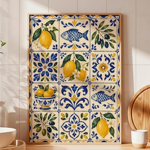 May include: A rectangular wall art print featuring a grid of twelve decorative tiles. The design displays a repeating pattern of yellow lemons, blue fish, green olive branches, and intricate blue and yellow floral motifs on a cream background.