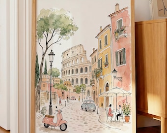 Pode incluir: Uma impressão de arte em aguarela emoldurada que retrata uma cena de rua romana com o Coliseu ao fundo, uma scooter cor-de-rosa em primeiro plano, edifícios amarelos e pêssego, uma rua calcetada e duas pessoas numa mesa de café.