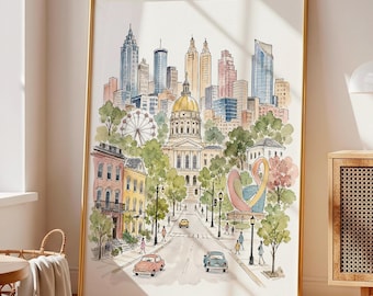 Atlanta Watercolor Print, Pastel Skyline Wall Art, Georgia City Decor