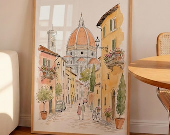 Impressão em aquarela da Catedral de Florença, arte de rua italiana, decoração de viagem para a Toscana