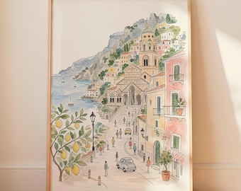 Pode incluir: Uma impressão em aguarela emoldurada que retrata uma vila costeira italiana com uma grande igreja, uma rua sinuosa, um limoeiro em primeiro plano e um carro pequeno. A cena apresenta edifícios em tons pastel, um mar azul e várias figuras.
