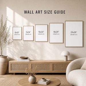 May include: A wall art size guide featuring five blank rectangular frames in ascending sizes from 8x10 inches to 24x36 inches. Each frame is labeled with its specific dimensions in inches and centimeters, displayed against a neutral wall.