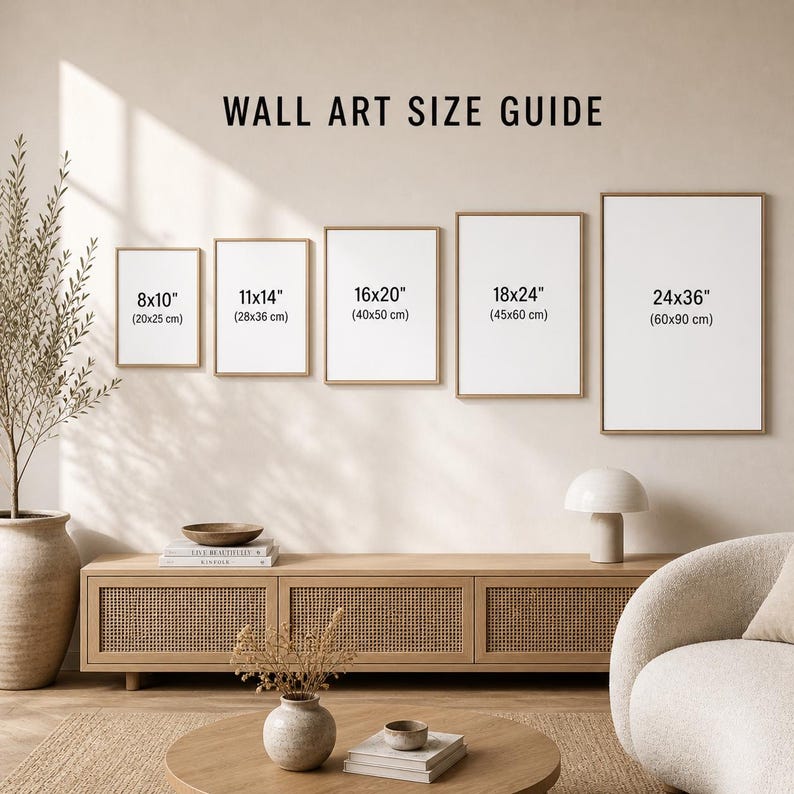 May include: A wall art size guide featuring five blank rectangular frames in ascending sizes from 8x10 inches to 24x36 inches. Each frame is labeled with its specific dimensions in inches and centimeters, displayed against a neutral wall.