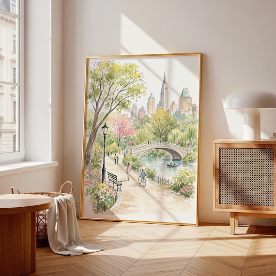 Central Park Watercolor Print, Bow Bridge NYC Wall Art, Pastel Skyline Poster