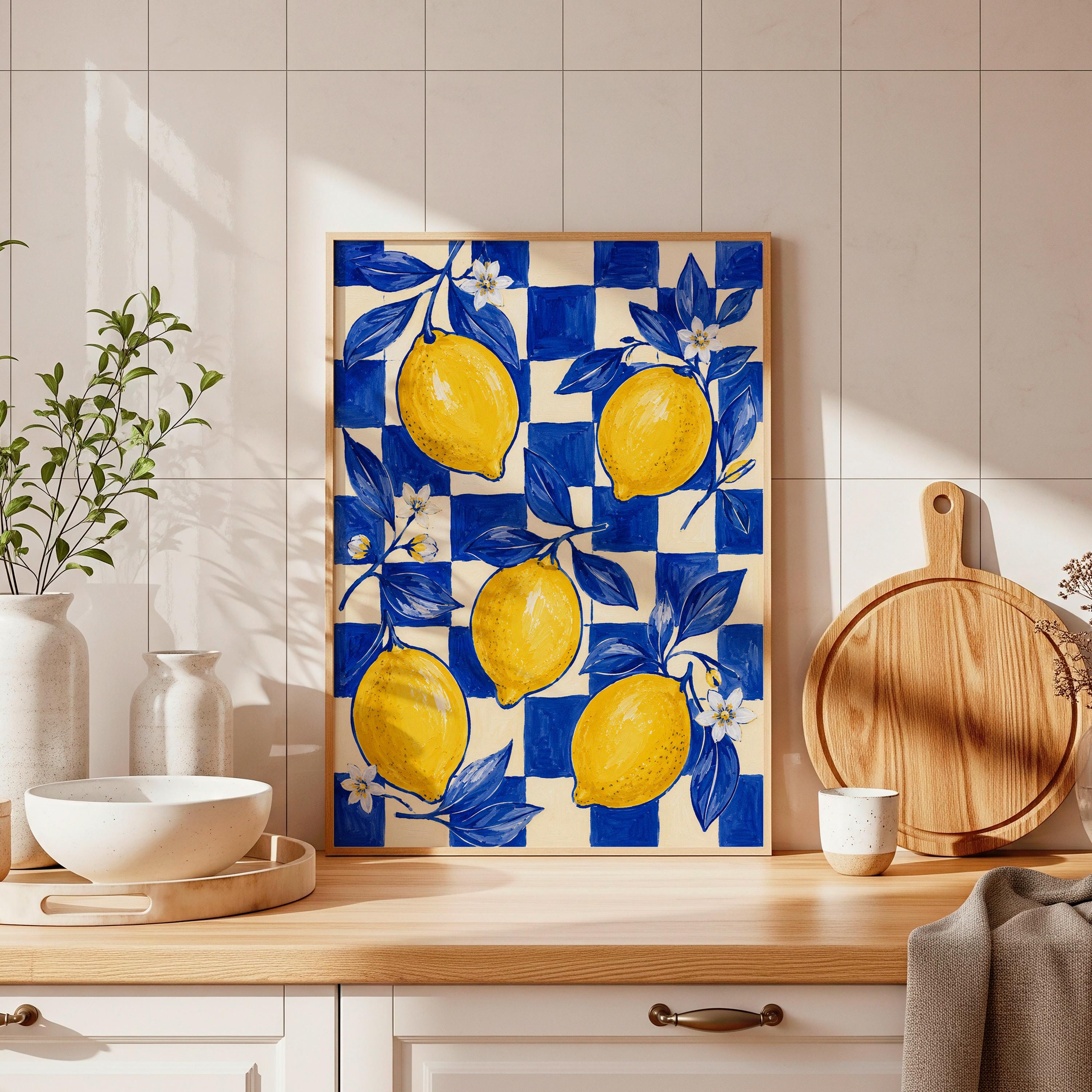 Lemon Wall Art, Blue Checkerboard Print, Mediterranean Kitchen