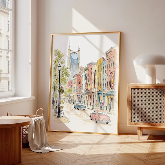 Nashville Broadway Watercolor Print, Music City Illustration, Country Decor