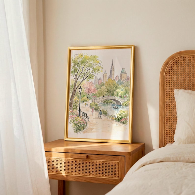 May include: A framed watercolor print depicting a park scene with a stone bridge over a body of water, surrounded by lush green trees, pink flowering bushes, and city buildings in the background. A path features a black lamp post and figures.