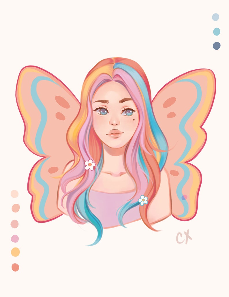 May include: A digital illustration of a person with long, colorful hair and butterfly wings. The person has blue eyes and is wearing a pink top. The background is white.