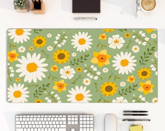 White yellow floral retro large mousepad, 70s mid-century spring flower daisy green desk mat, home Office decor, computer keyboard pad, gift