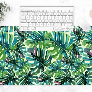 Green leaves large mousepad, green blue palm monstera leaf botanical tropical forest deskmat, home Office decor, computer keyboard pad, gift