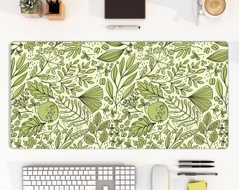 Green foliage leaves forest large mouse pad, cottagecore gingko pomegranate desk mat, autumn fall seasons, computer keyboard pad, gift