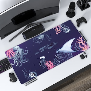 Octopus in the ocean large mousepad, blue squid fish jellyfish underwater deskmat, computer keyboard pad, gift friend kids children birthday