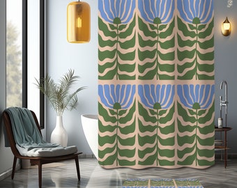 Blue Floral Shower Curtain, Flower green leaves Mid-century vintage, whimsical eclectic Bathroom Curtain Mat, Home bath decor, house gift