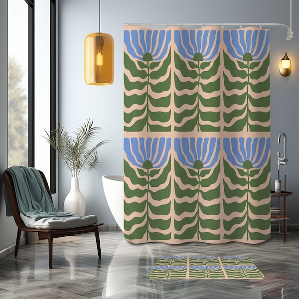 Blue Floral Shower Curtain, Flower green leaves Mid-century vintage, whimsical eclectic Bathroom Curtain Mat, Home bath decor, house gift