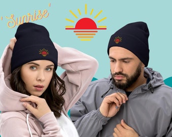 Morning Sunrise Cuffed Beanie, embroidery winter hat, gift for men women, toque, essential outdoor gear, knitted hat, warm & cozy