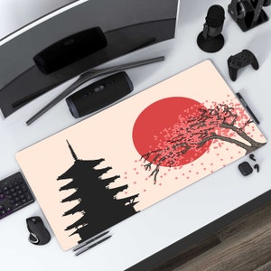Red Moon in the spring large mouse pad, Japan shrine pink cherry blossom tree desk mat, Home Office computer keyboard pad, birthday gift