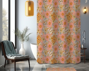 Pink Orange Floral Shower Curtain, wildflower forest cottagecore vintage, botanical tropical Bathroom Curtain Mat, Home bath decor, gift