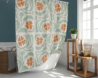 Orange Floral Shower Curtain, Flower green leaves Mid-century vintage, whimsical eclectic Bathroom Curtain Mat, Home bath decor, house gift