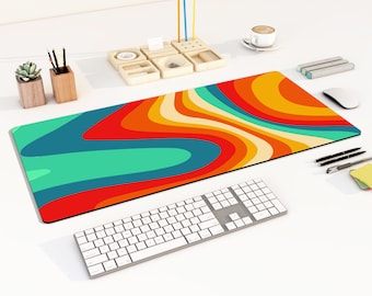 Colorful retro funky large mousepad, mid-century 70s vibe fun cute desk mat, home Office decor, computer keyboard pad, gift friend birthday