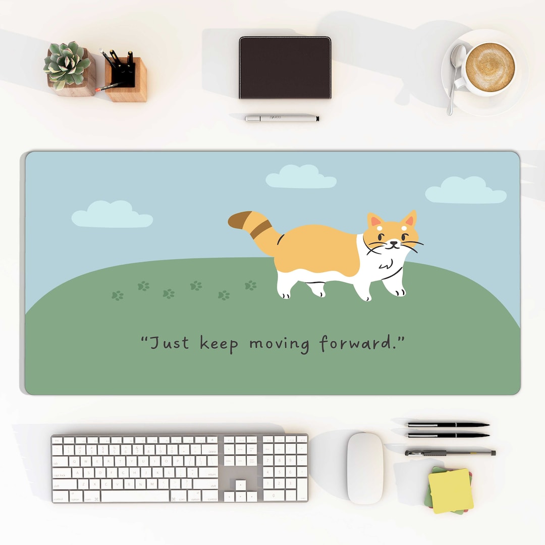 Cute Kawaii Cat Large Mousepad, Pet Animal Meow Quote Blue Desk Mat ...