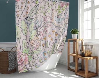 Bird in floral garden Shower Curtain, wildflower spring autumn farm cottagecore, Bathroom Mat, modern farmhouse home bath decor, house gift