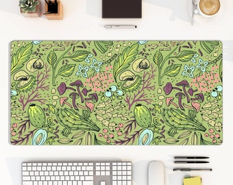 Wild purple mushroom forest large mouse pad, cottagecore green leaves foliage desk mat, pink blue flower floral, computer keyboard pad, gift