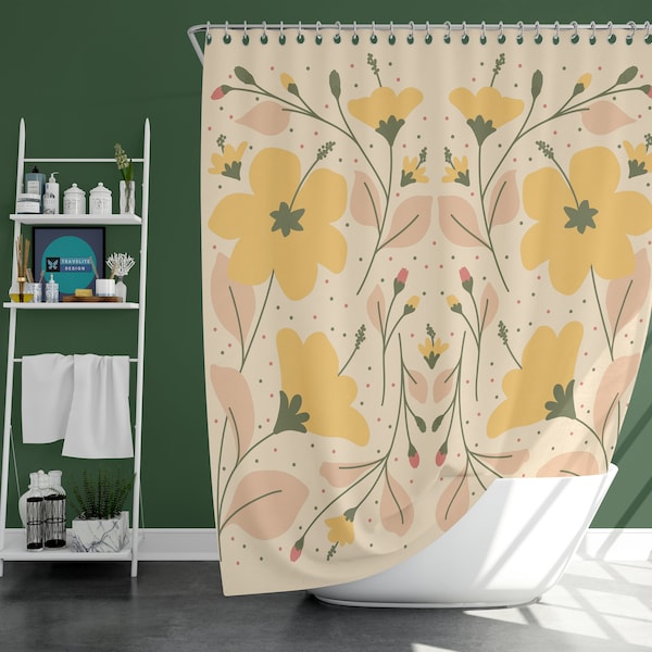 Yellow floral Shower Curtain, floral wildflower spring summer garden cottagecore, Bathroom Mat, modern farmhouse home bath decor, house gift