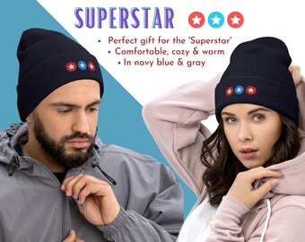 Superstar Cuffed Beanie, embroidery winter hat, gift for men women, toque, essential outdoor gear, knitted hat, warm & cozy, winter gift