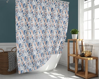Blue leaves floral Shower Curtain, flower summer autumn garden white cottagecore, Bathroom Mat, modern farmhouse home bath decor, house gift