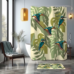 Hummingbird & monstera Shower Curtain, modern farmhouse leaves bird forest green nature, Bathroom Curtain Mat, home bath Decor, House Gift
