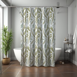 Green fern leaves Shower Curtain, botanical tropical forest cottagecore, modern farmhouse Bathroom Curtain Mat, home bath Decor, House Gift