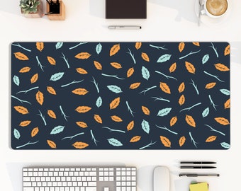 Blue orange leaves large mousepad, botanical tropical branches simple minimalist desk mat, home Office decor, computer keyboard pad, gift