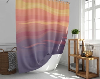 May include: A shower curtain with a colorful abstract design of wavy lines in shades of orange, pink, purple, and blue. The curtain is hanging in a bathroom with a white bathtub and a wooden shelf.