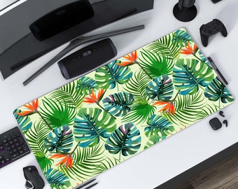 Green leaves orange flower large mousepad, green palm monstera botanical tropical deskmat, home Office decor, computer keyboard pad, gift